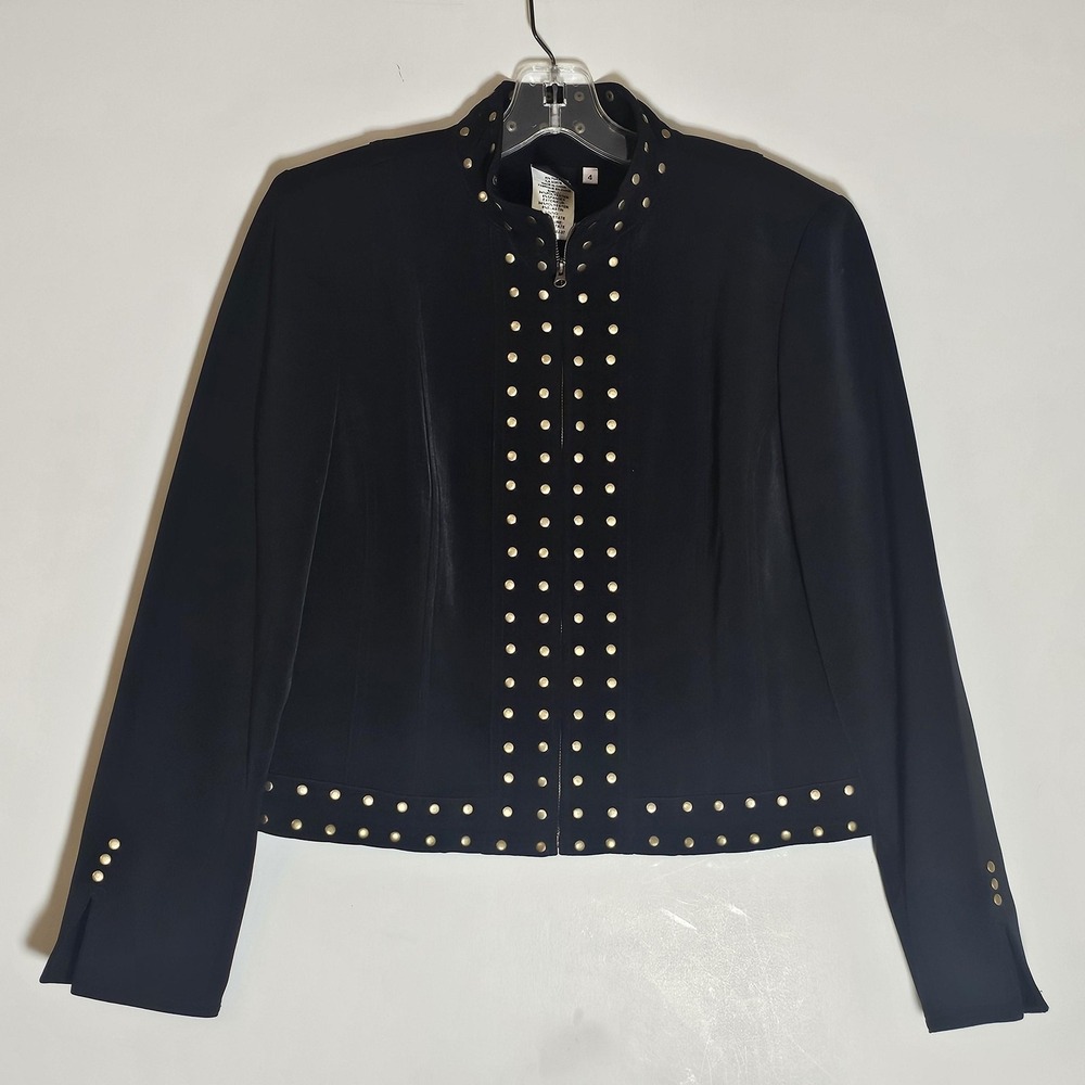 Sharon Young Jacket Womens 4 Black Gold Studded Zip Grunge Goth Metal Classic S